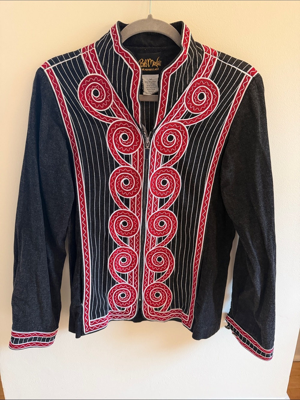 Bob Mackie Black Jacket with Red and White Embroidered Swirls
